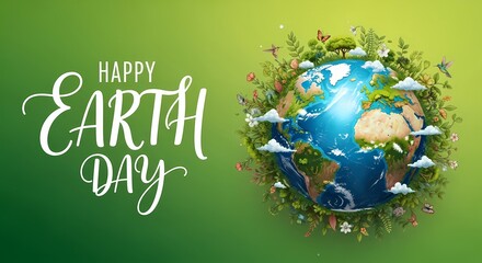 Happy Earth day celebration with lush greenery and planet earth surrounded by nature elements for environmental awareness