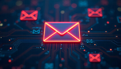 Fototapeta premium digital email communication concept with glowing envelope icons on circuit board background, Email marketing automation digital communication technology concept abstract, created with generative ai