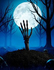 Dark haunted forest at night with bare twisted trees and dense blue mist. In the center, a single decayed zombie hand rising from the ground, surrounded by scattered human skulls.