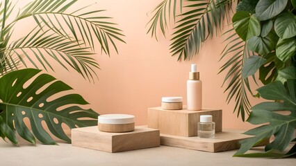 Minimalist product display with skincare bottles and tropical leaves
