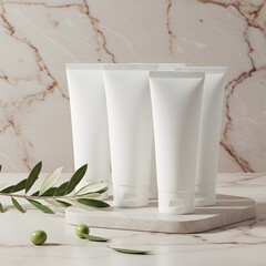 3D render of blank white cosmetic cream tubes on a marble podium with olive branch. Skincare product mockup display for branding.