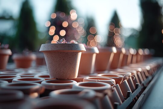 Empty clay flower pots arranged in a garden center, ready for planting, with a bokeh effect creating a dreamy atmosphere.