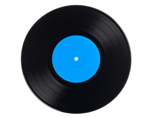 Top View of Classic Black Vinyl Record with Blue Label, Transparent PNG