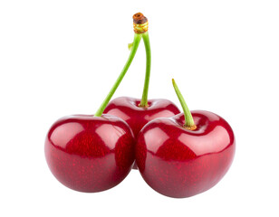 Cluster of Three Glossy Red Cherries with Green Stems, Front View, Transparent PNG