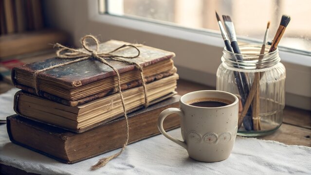 Stack of old books with coffee and paintbrushes by window