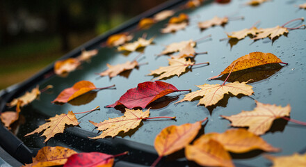 Colorful autumn leaves laid on wet car windshield in nature  