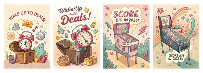 Obraz premium Set of four retro-themed posters featuring vibrant deals with alarm clocks treasure chests and pinball machines