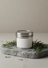 Silver cosmetic container with a white label for branding, presented on a grey stone slab with fresh rosemary sprigs.