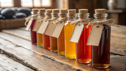 Row of Corked Glass Bottles with Colorful Liquids and Tags