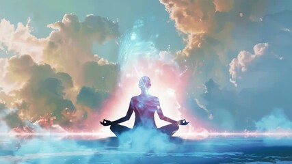 Person in meditative pose is pictured against backdrop luminous clouds, cosmic bursts. This artwork merges human form with celestial imagery, illustrating calmness, introspection.