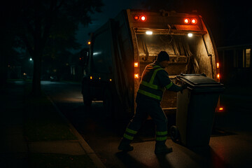 A garbage collector emptying a trash can into a garbage truck at night on a dark street near houses
