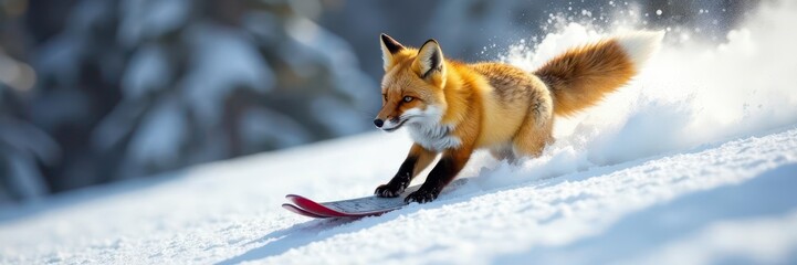 Fototapeta premium A nimble arctic fox gracefully navigates a slalom course on skis , woods, animal, wildlife
