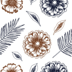 Palm leaf and flowers silhouette seamless pattern, vector leaves isolated on white background