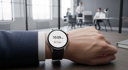 Man wearing smartwatch displaying time in modern office setting