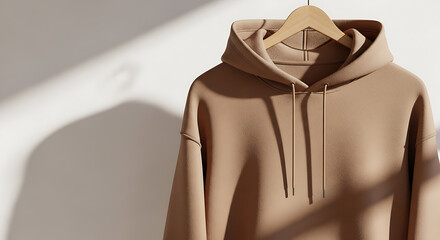 Minimalist 3D mockup of a light brown hoodie on a hanger with natural shadows. Ideal for showcasing inside neck labels, fabric texture, and premium casual fashion in product presentations.