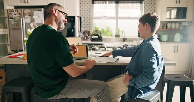 High five, distance learning or tablet with father and son in kitchen for homeschooling success. App, motivation or teaching with single parent man and boy student writing in apartment for study