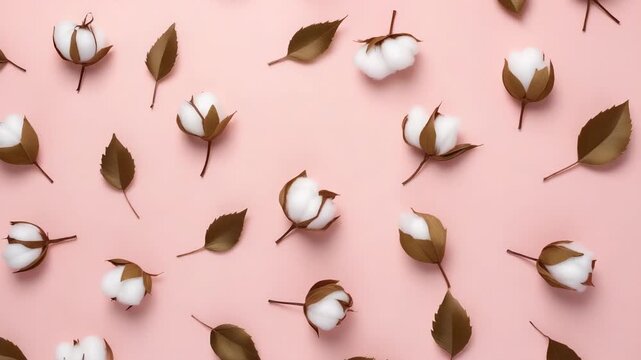 Composition of flowers and cotton leaves rotating on pink background. View from top. Minimalist pattern for unusual design. Delicate natural white cotton made of vegetable fibers.