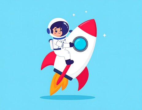 Cute astronaut riding a rocket in space