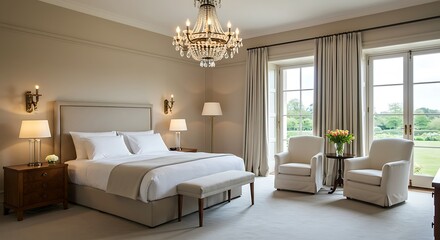 Fototapeta premium Luxurious hotel bedroom with king size bed and armchairs 
