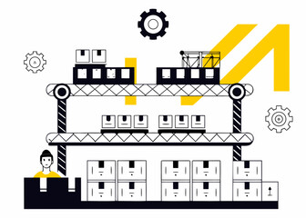 Logistics and supply chain management concept, a warehouse building with a conveyor belt, showing boxes being moved and a professional overseeing the process, representing efficient production and str