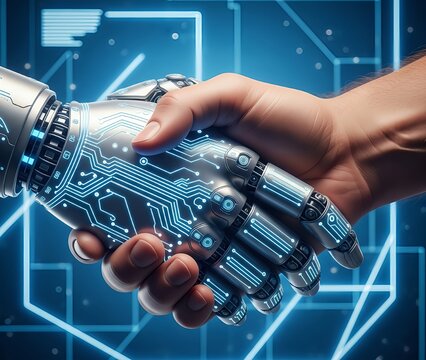 Futuristic Robot Hand Shaking Human Hand with Glowing Blue Circuit Lines