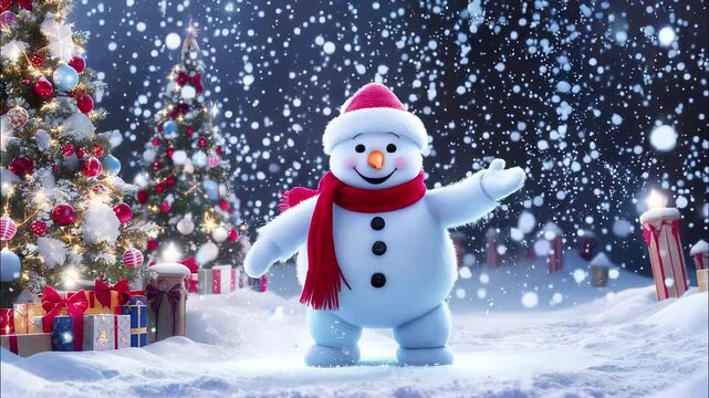 A snowman dances happily in the snow next to the Christmas trees. The snowman is wearing a red scarf and hat.Merry Christmas greetings. Christmas concept.Christmas card.