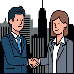 Two Business Professionals Shaking Hands in Front of City Skyline.