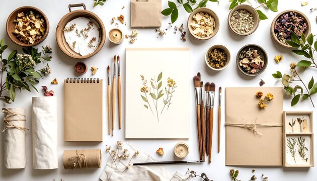 Botanical art creation: Dried flowers, paintbrushes, and sketchbook on a white surface