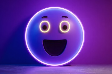Fototapeta premium Vibrant neon emoji glows with happy expression, capturing joy and modern digital culture in a striking purple and yellow aesthetic.
