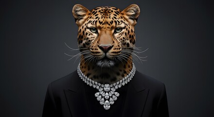 A highly realistic portrait of a leopard wearing an elegant diamond necklace and a black suit. Studio lighting, luxurious fashion concept, fierce.