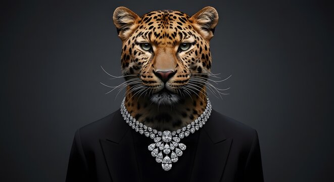 A highly realistic portrait of a leopard wearing an elegant diamond necklace and a black suit. Studio lighting, luxurious fashion concept, fierce. - Powered by Adobe
