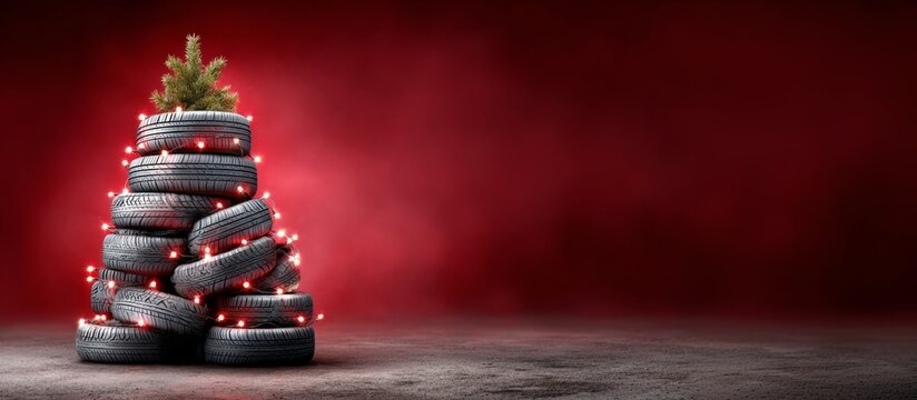 Christmas tree made of car tires with lights. Christmas and New Year concept with space for text. - Powered by Adobe