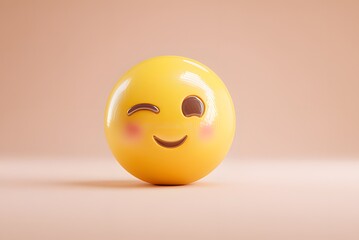 Playful emoji winks with rosy cheeks, conveying joy and lighthearted fun in a minimalist studio setting, perfect for digital communication and social media content.