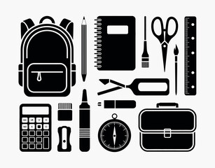 Essential School Supplies Silhouette EPS Vector Template in Clean White Background Format