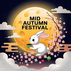 Chinese mid-autumn celebration with white rabbit under big yellow moon holding teacup on blossom branch, festive lanterns, stars and night scene in cartoon style for traditional festival design