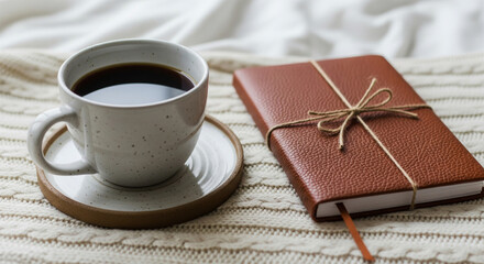 Cozy Beige Knit Blanket with Brown Notebook and Coffee Cup