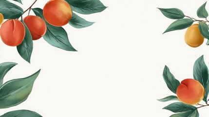 Peach fruit & leaves border on white