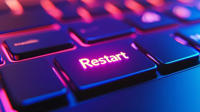 Colorful keyboard close-up highlighting the restart key in vibrant lighting during a digital setup