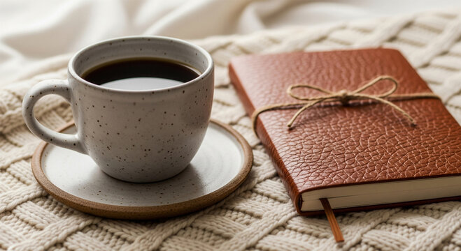 Cozy Beige Knit Blanket with Brown Notebook and Coffee Cup