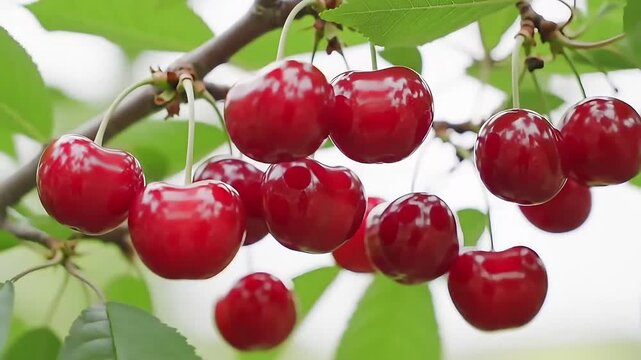 Sunlit Cherries on Branch &ndash; Close-Up of Deep Red Fruits with Crisp Leaves Against Blurred Trunk