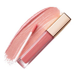 Close up of shimmering pink lip gloss with applicator brush on a matching smear of lip gloss isolated on transparent background