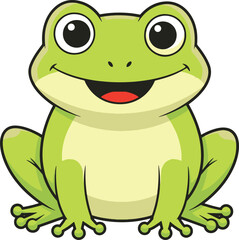 Fototapeta premium cute happy green frog cartoon character sitting and smiling. Vector illustration of friendly amphibian mascot perfect for children's books, stickers, or educational materials