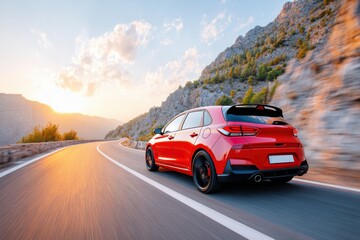 Red generic compact car driving fast on a scenic mountain road at sunset