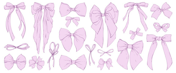 Set of different pink textile bows coquette from satin and silk ribbons. Illustration hand-drawn with ink in line art style graphics. For women, girls, holidays, decoration, accessories and gifts.