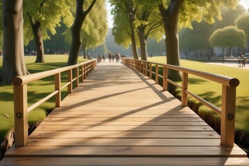 Fototapeta premium Stained wooden sidewalk bridge stretches over exposed beech tree roots in a manicured city park, sturdy handrails, sidewalk bridge over tree roots.