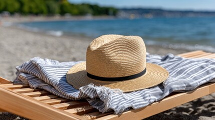 A yellow straw hat lies on a blue-striped towel by the beach, with shimmering water reflecting sunlight creating a summer vibe