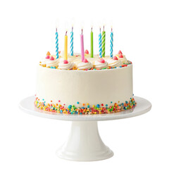 Delicious birthday cake with colorful sprinkles and candles on a white pedestal for a special celebration isolated on transparent background