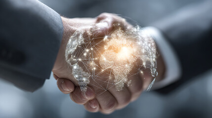 Global connection handshake with digital world map overlay business partnership