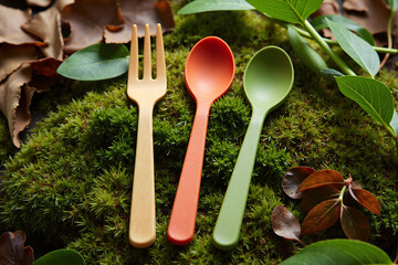 Eco-friendly cutlery set with fork and spoon, made from biodegradable plastic, rests on green moss. Concept for sustainable living, recycling, and protecting nature