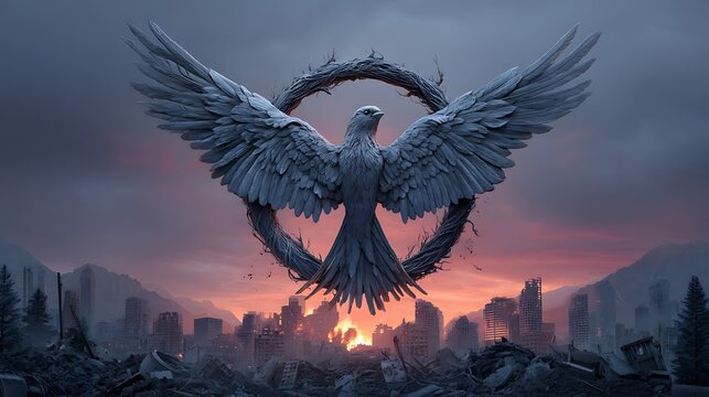 Enigmatic Mockingjay bird symbolizing hope and rebellion in a dystopian landscape, set against a survival and freedom theme.
